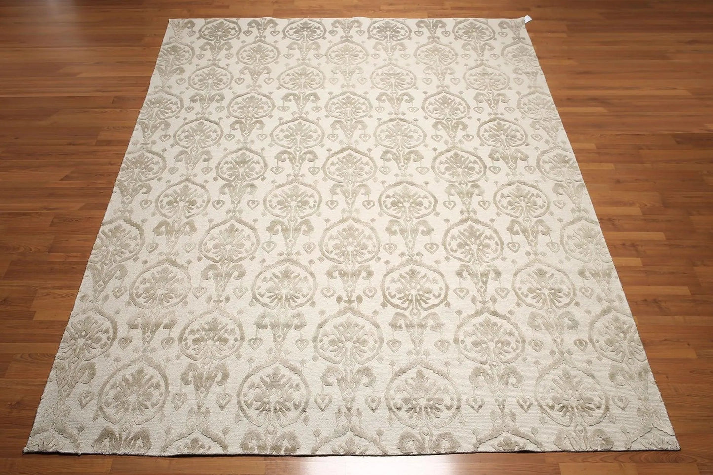 9x12 Olive & Beige Color Hand Knotted Tibetan Ikat Wool & Bamboo Silk Oriental Area Rug-2