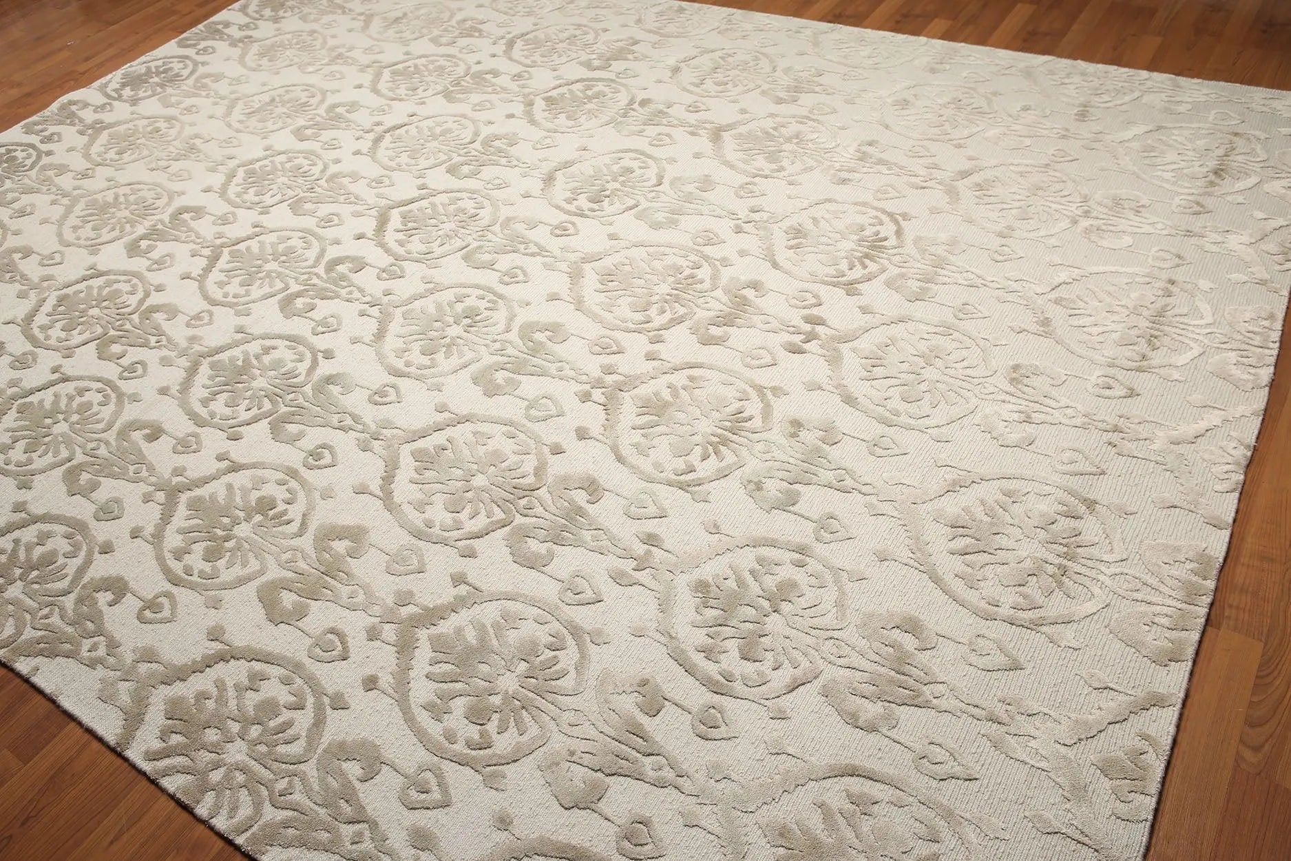 9x12 Olive & Beige Color Hand Knotted Tibetan Ikat Wool & Bamboo Silk Oriental Area Rug-3