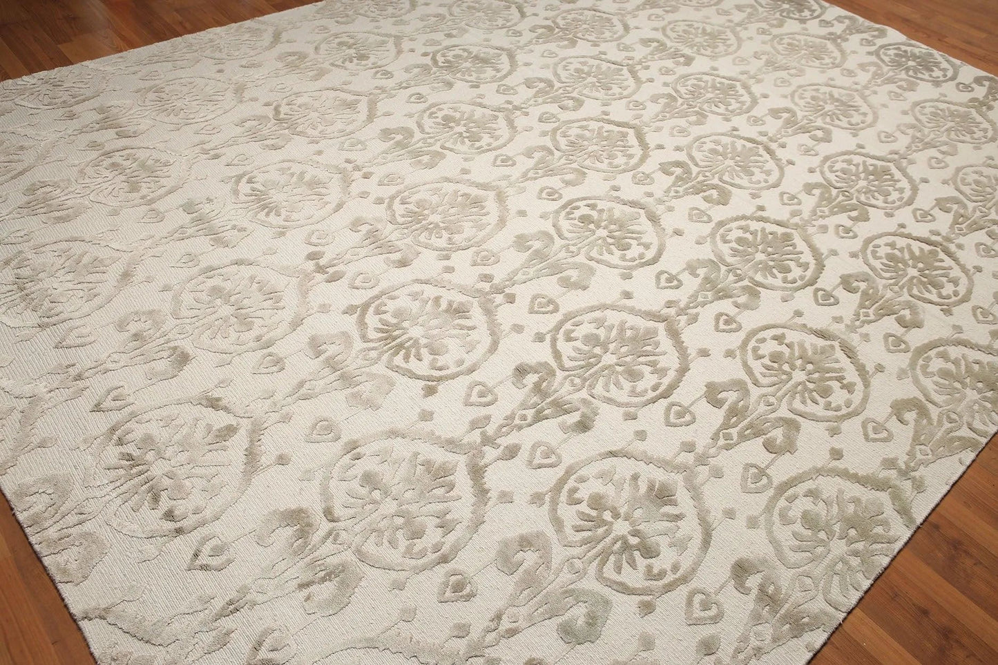 9x12 Olive & Beige Color Hand Knotted Tibetan Ikat Wool & Bamboo Silk Oriental Area Rug-4