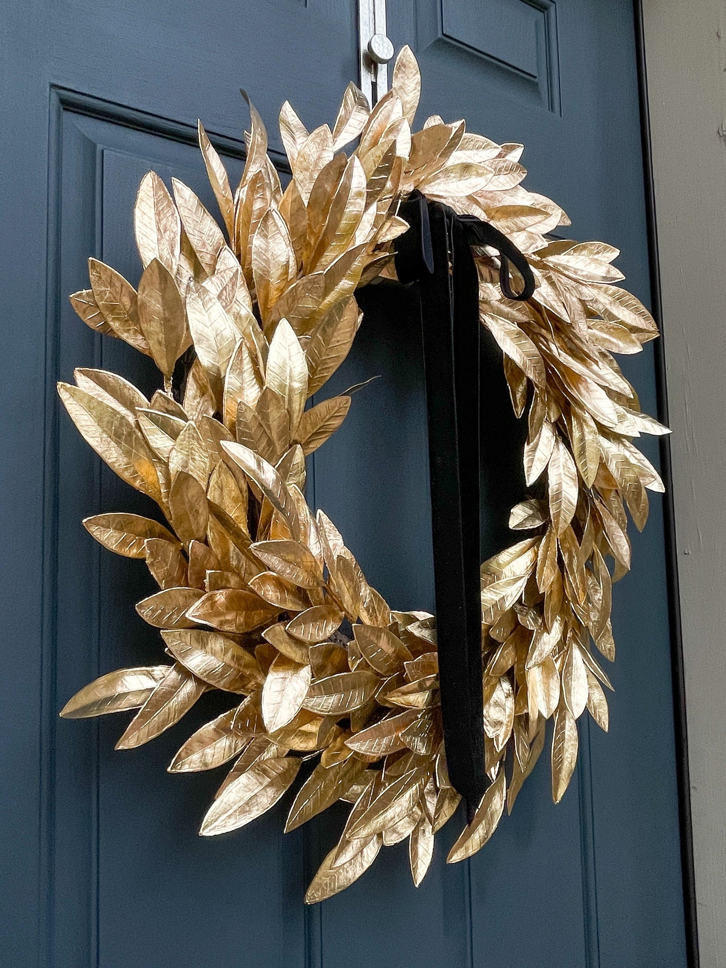 Gold Bay Leaf Wreath with Black Velvet Ribbon