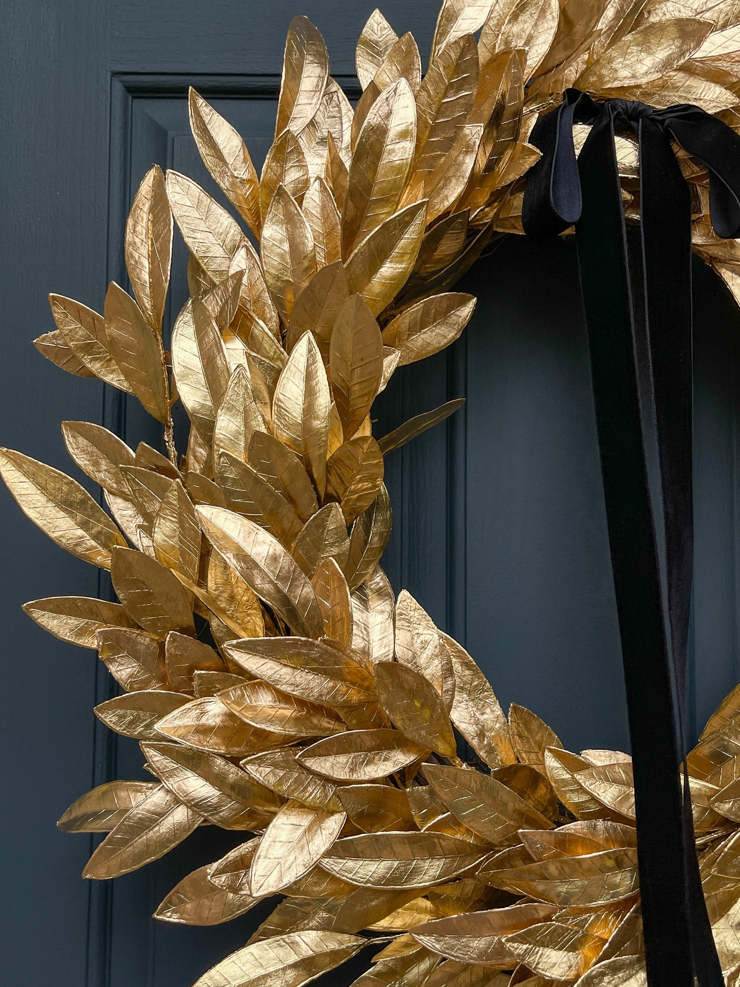 Gold Bay Leaf Wreath with Black Velvet Ribbon