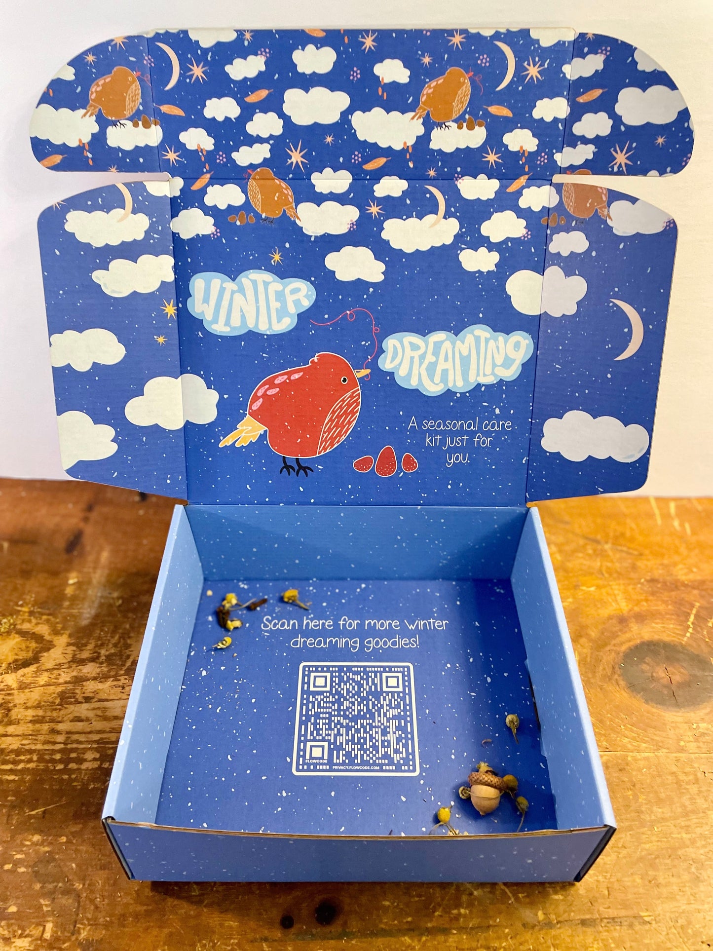 "Cozy Stitches" Trio Gift Set: Eco-Embroidery Kit, Mindfulness Journal, Mint Tea, Honey, Greeting Card (Winter Dreaming)