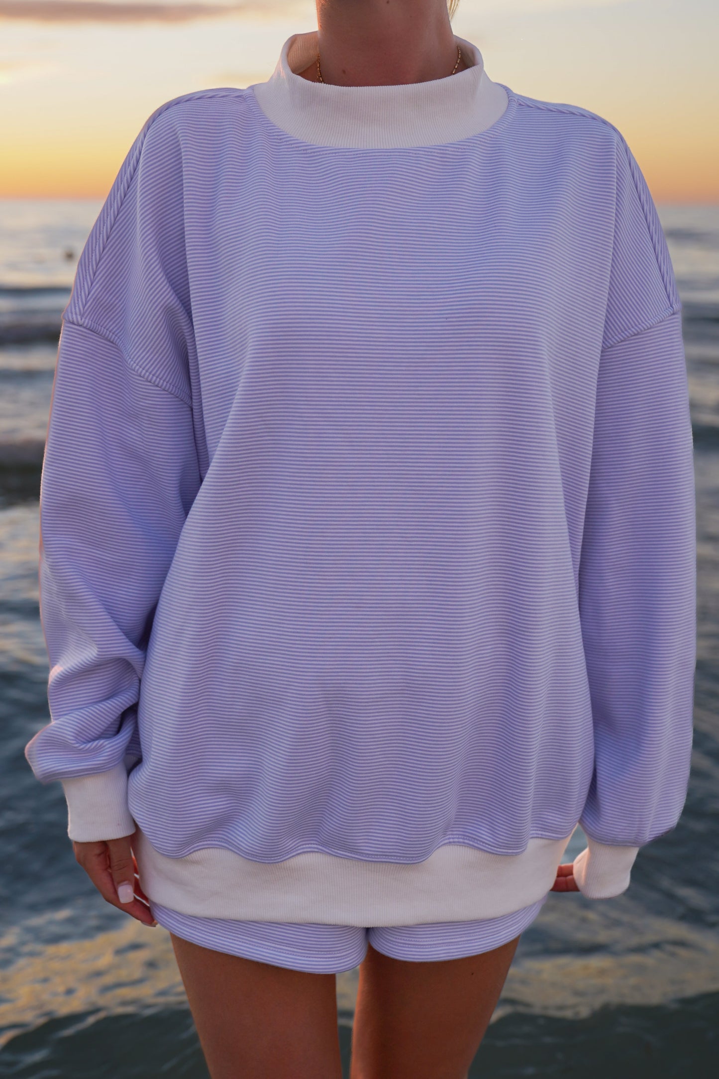 Blue and White Mini Striped Mockneck Sweatshirt