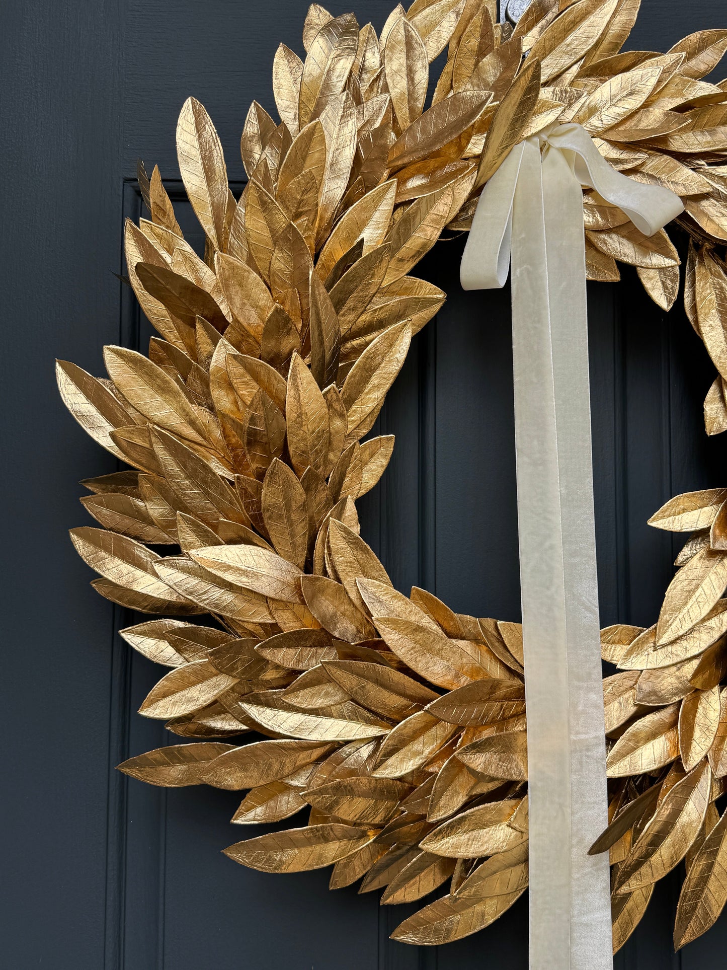 Gold Bay Leaf Wreath with Black Velvet Ribbon