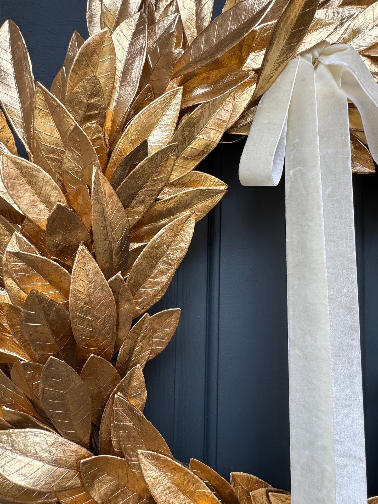 Gold Bay Leaf Wreath with Black Velvet Ribbon
