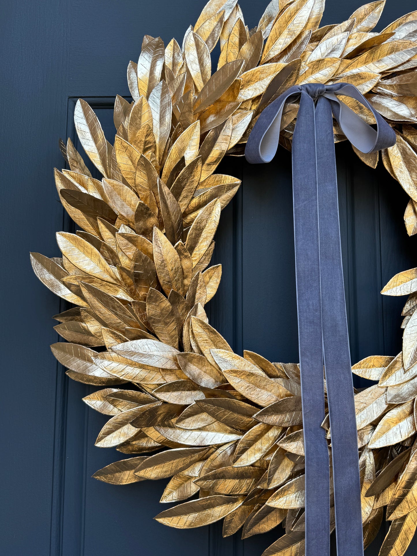 Gold Bay Leaf Wreath with Black Velvet Ribbon