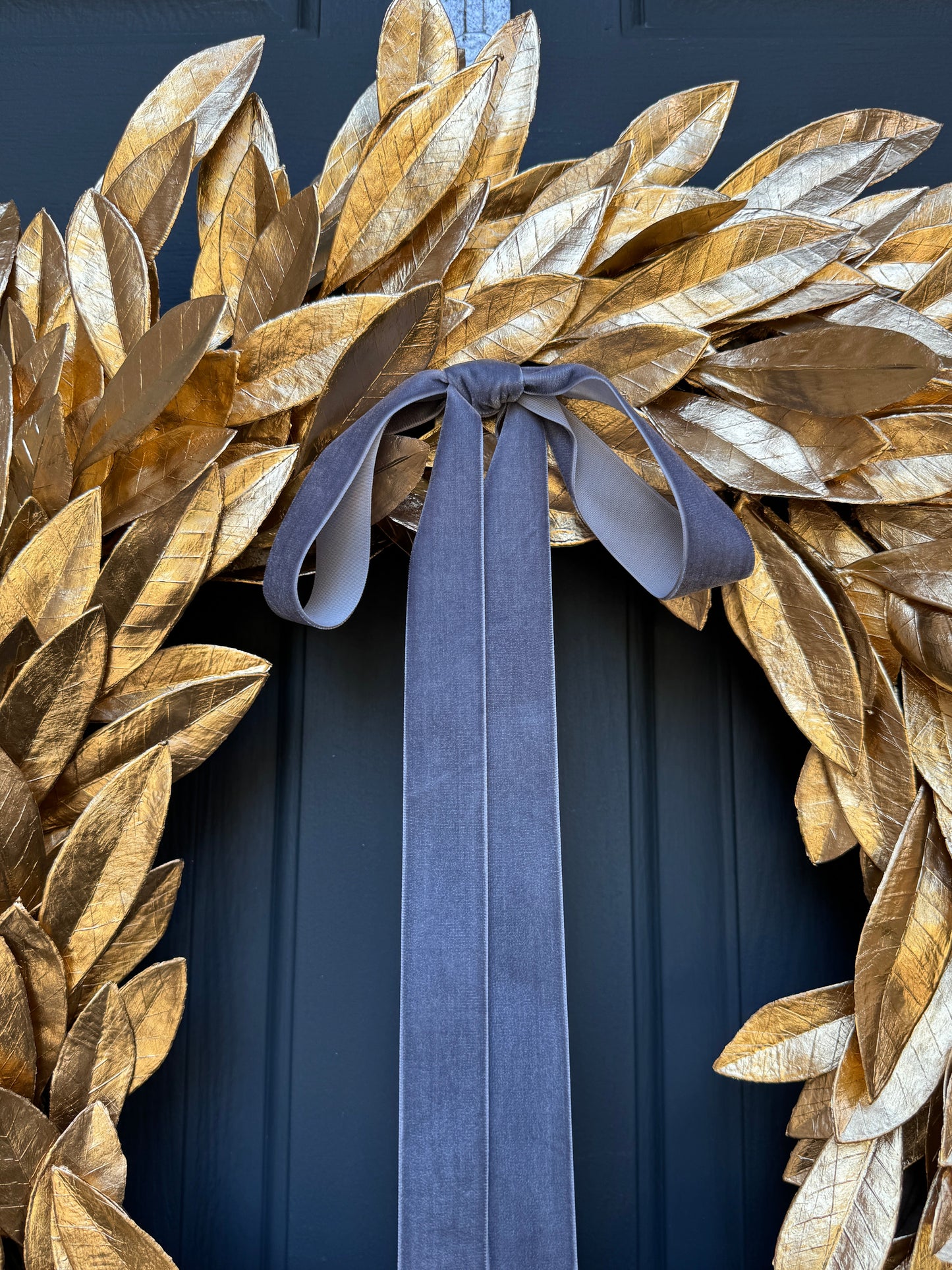 Gold Bay Leaf Wreath with Black Velvet Ribbon