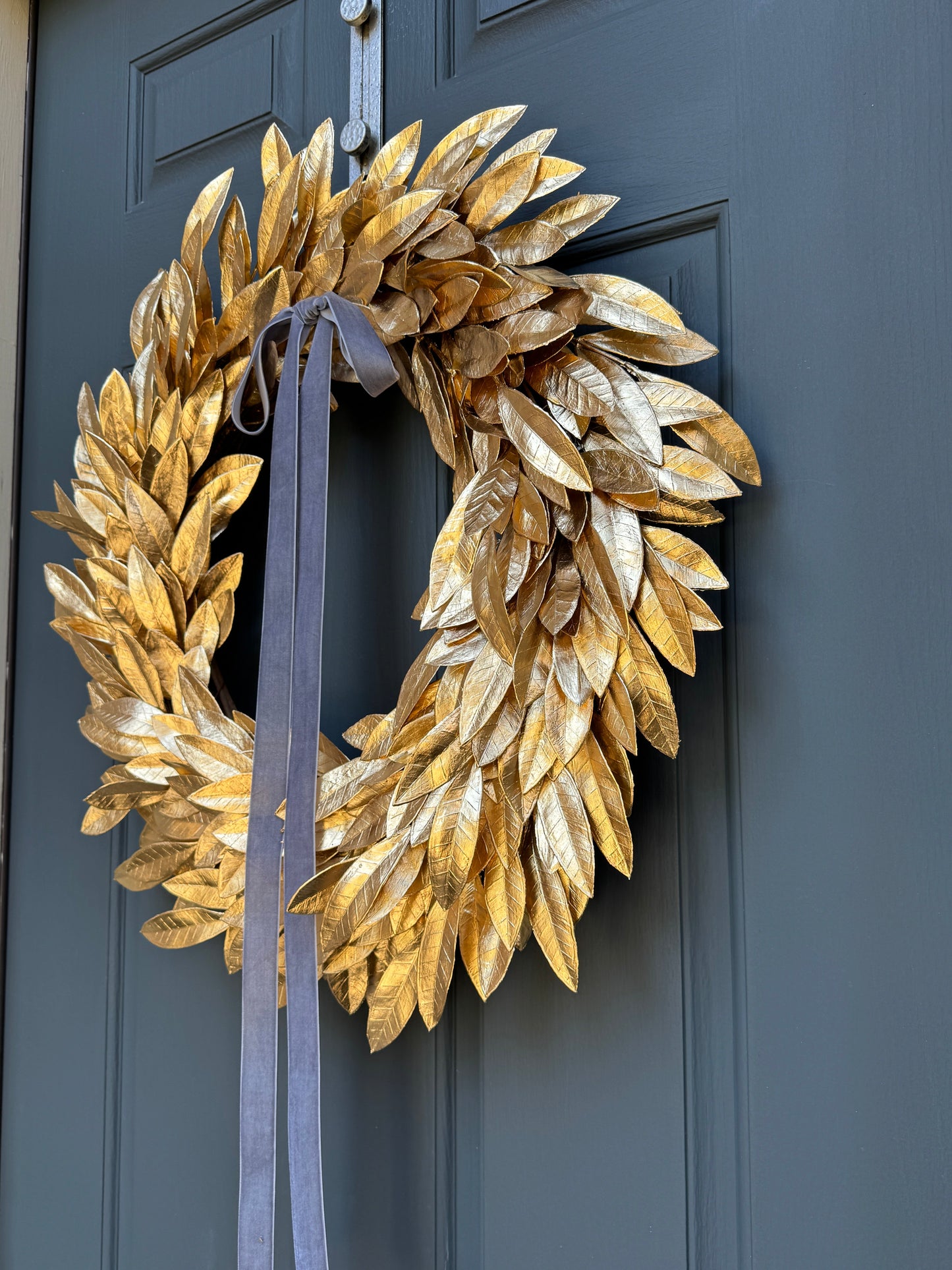 Gold Bay Leaf Wreath with Black Velvet Ribbon