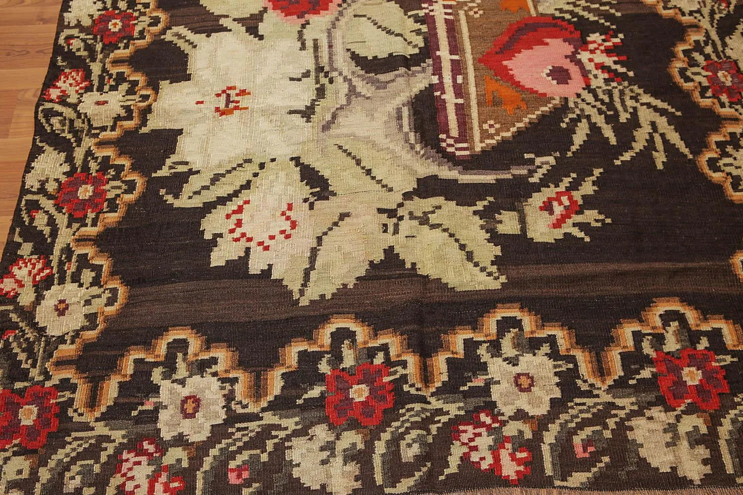 5' 5''x11' 8'' Chocolate Vintage Hand-Woven Turkish Kilim 100% Wool Oriental Area Rug-3