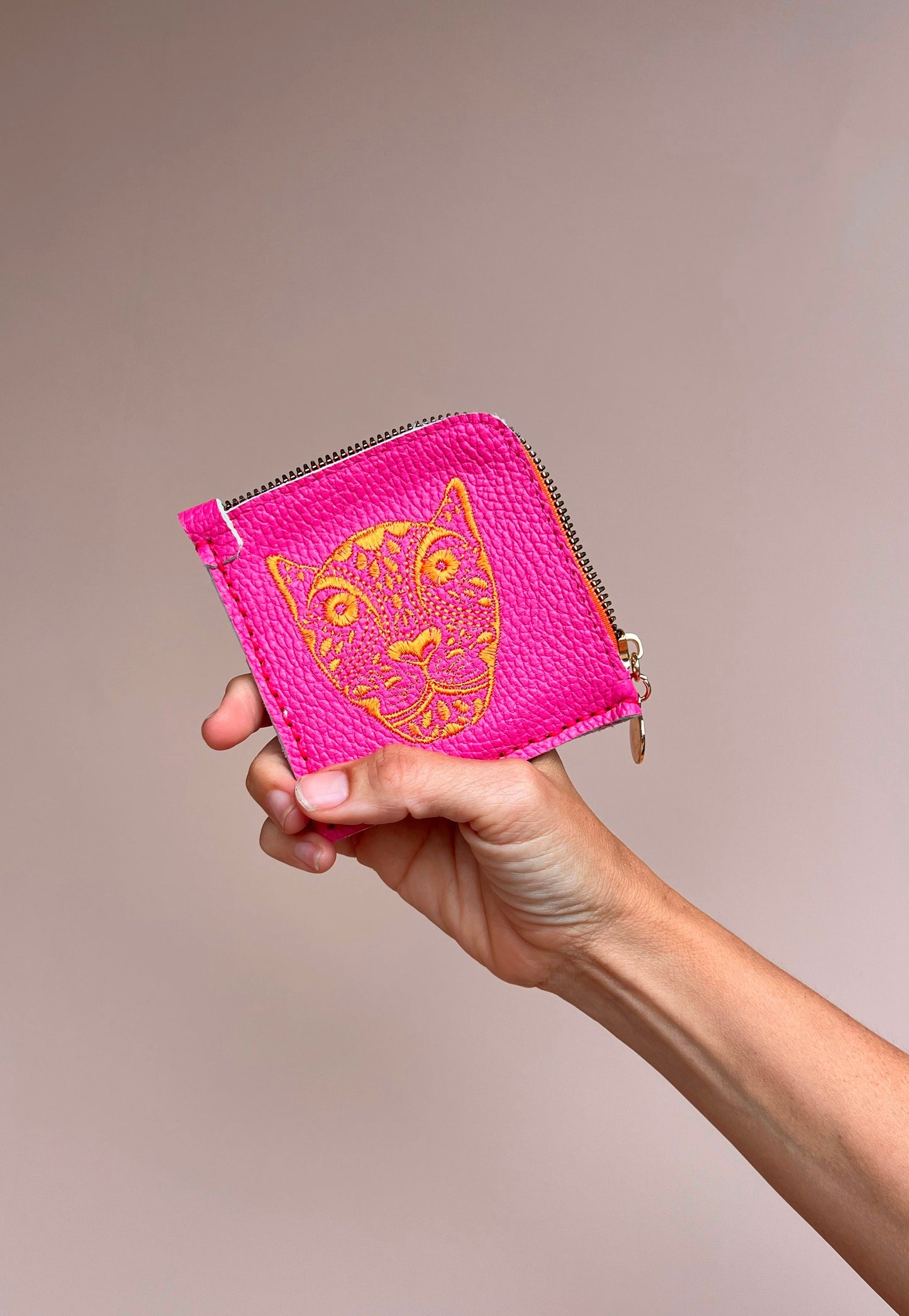 Jaguar Embroidered Zip Around Wallet Hot Pink With Orange