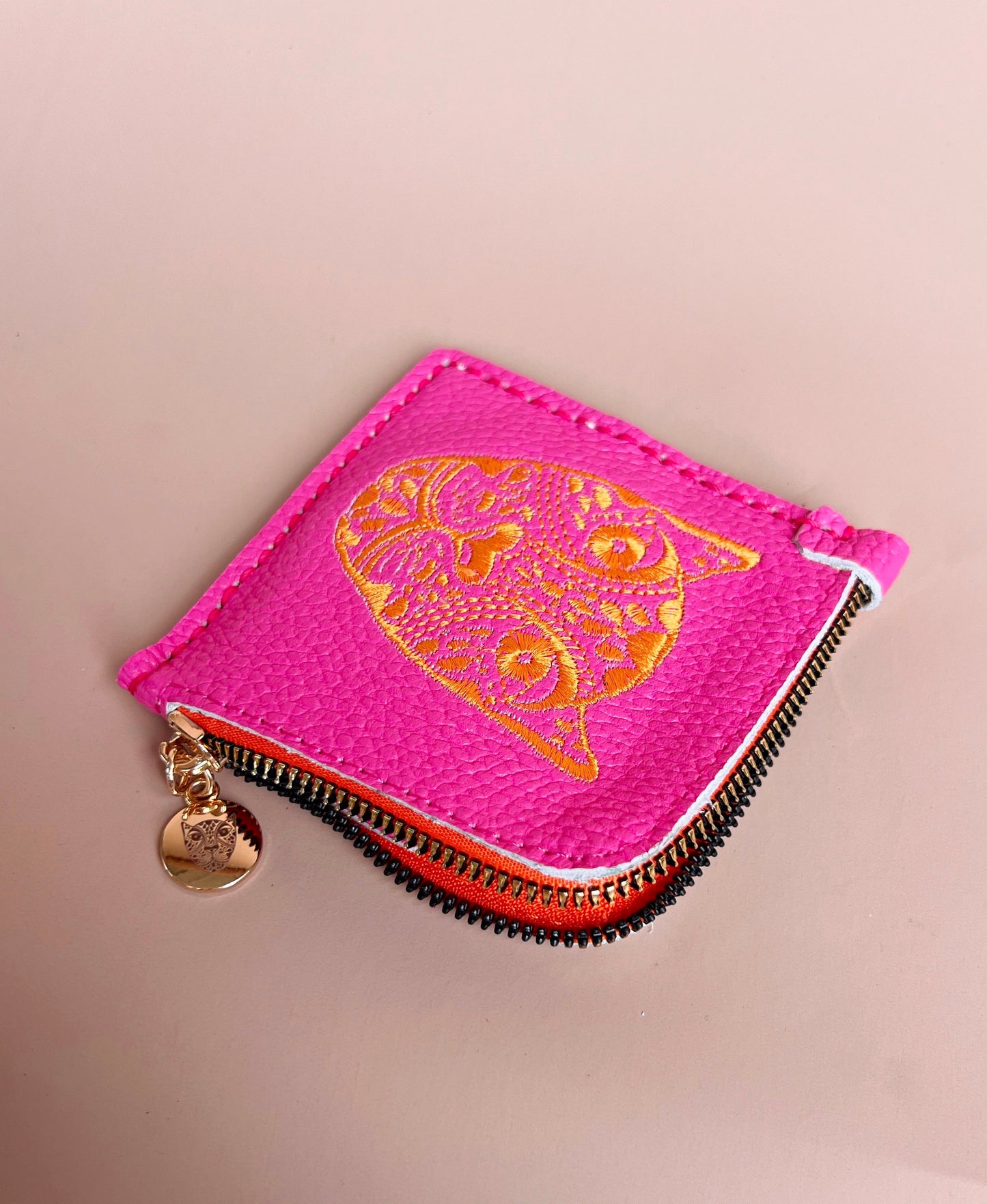 Jaguar Embroidered Zip Around Wallet Hot Pink With Orange