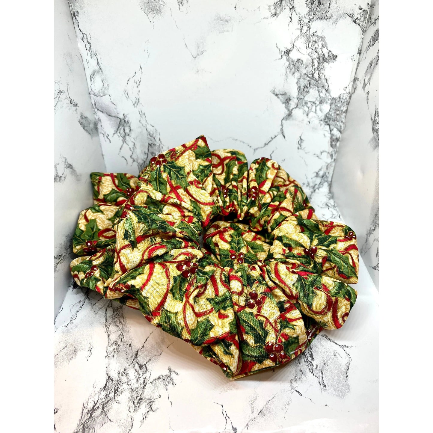 Gold Holly and Ribbon Christmas Scrunchie