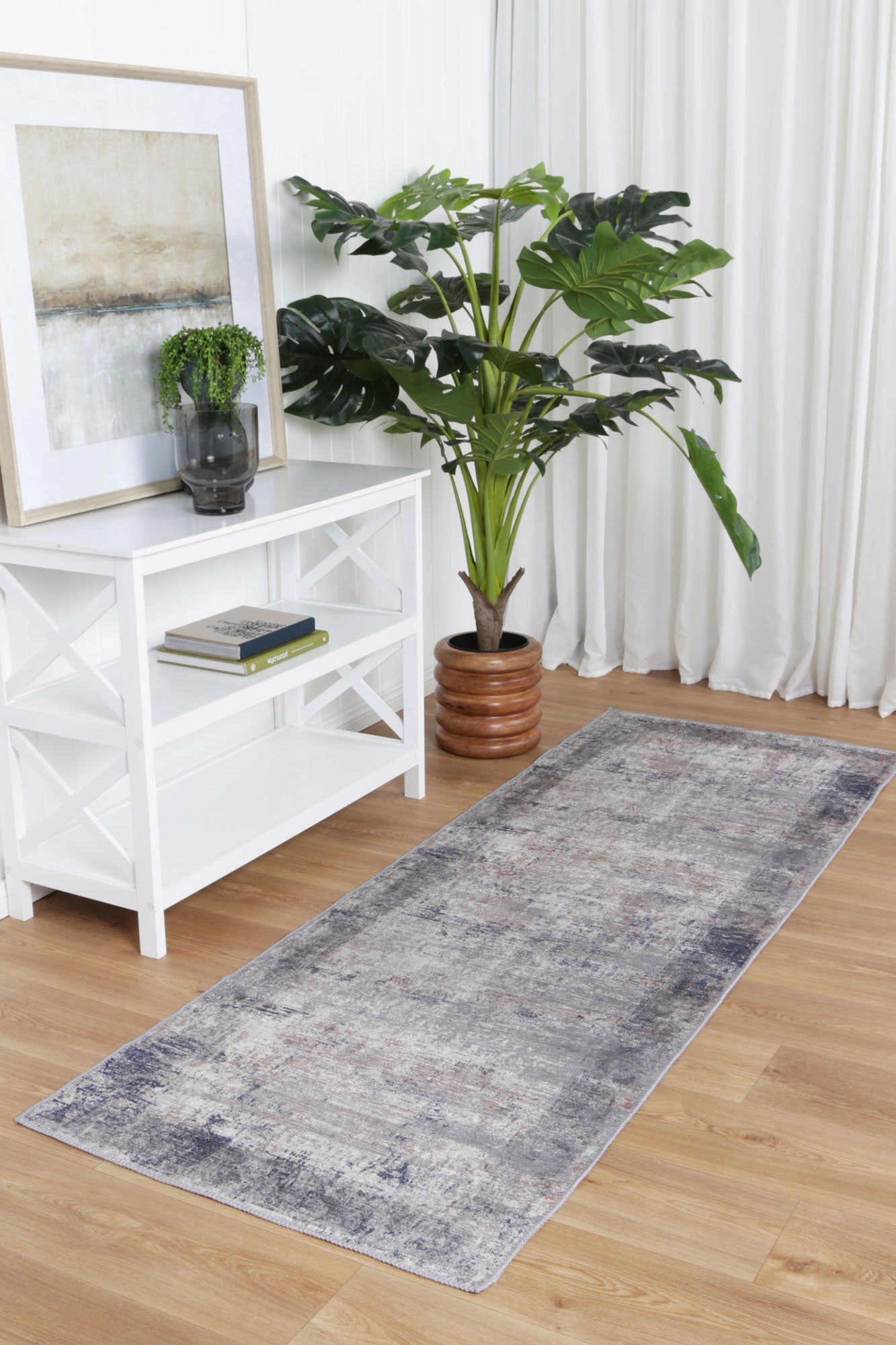 Abstract Border Echo in Blue & Grey : Runner Rug-1