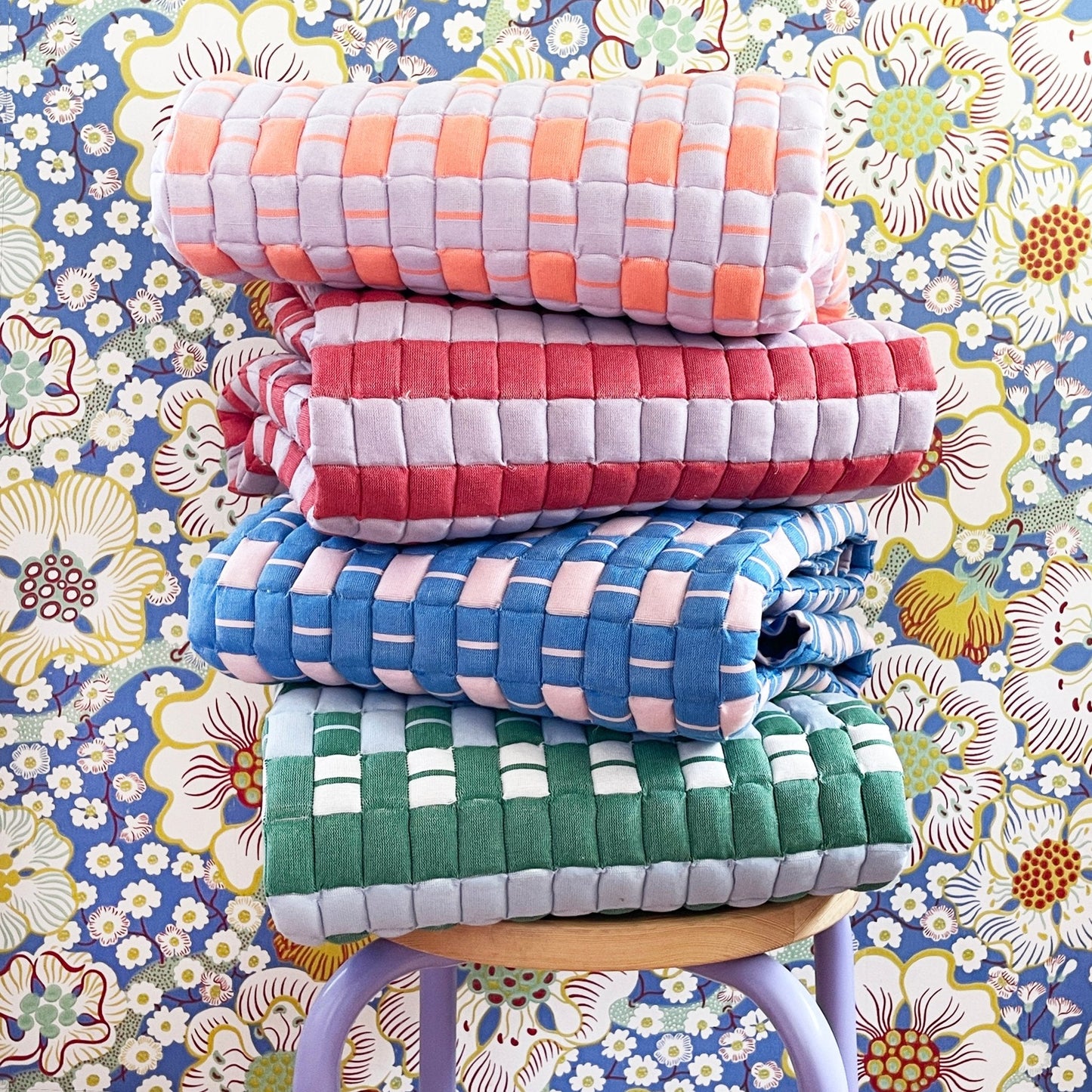 Backordered: Quilted Sujani Throw Blanket - Soft Blue, White and Green