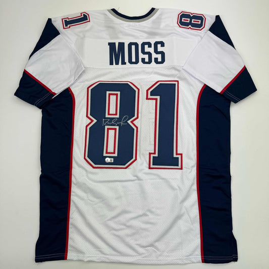 Autographed/Signed Randy Moss New England White Football Jersey Beckett BAS COA