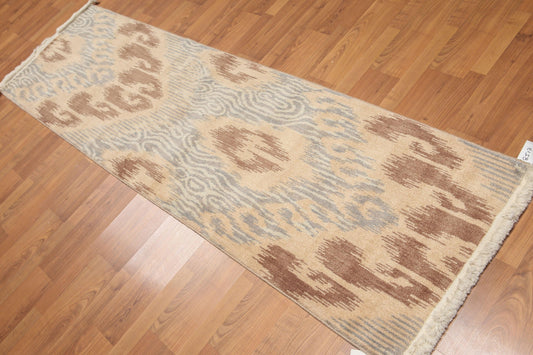 2'4" x 8' Hand Knotted Ikat 100% Wool runner Area rug Modern Tan-0