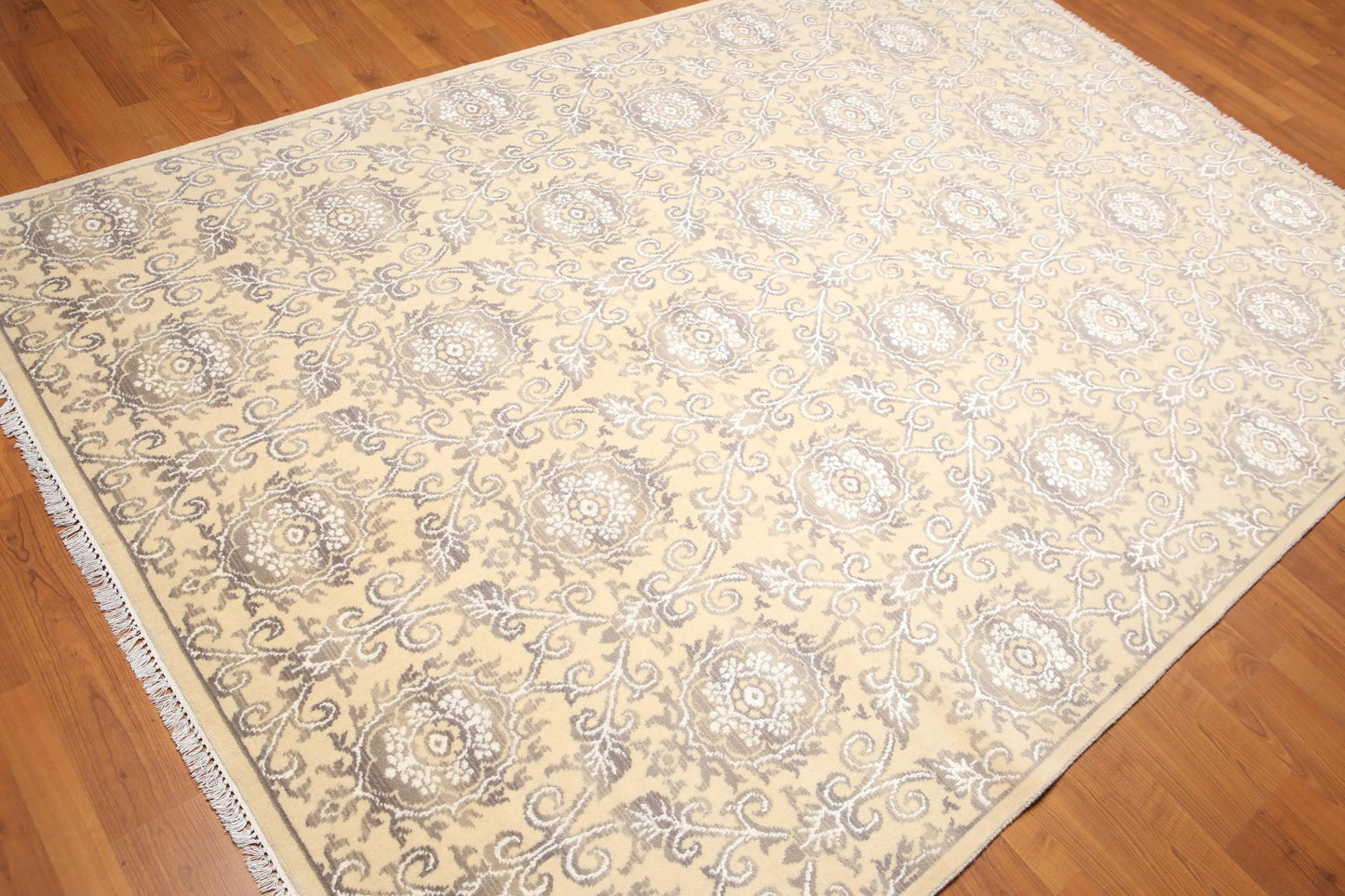 6' x 9' Hand Knotted Damask Area Rug Wool & Bamboo Silk Beige-2