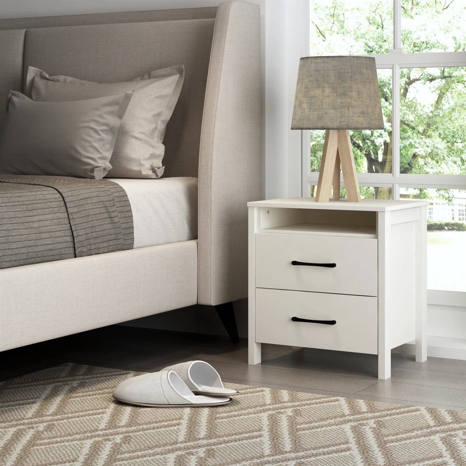 Modern 2-Drawer Nightstand with Open Shelf in Ivory Wood Finish-1
