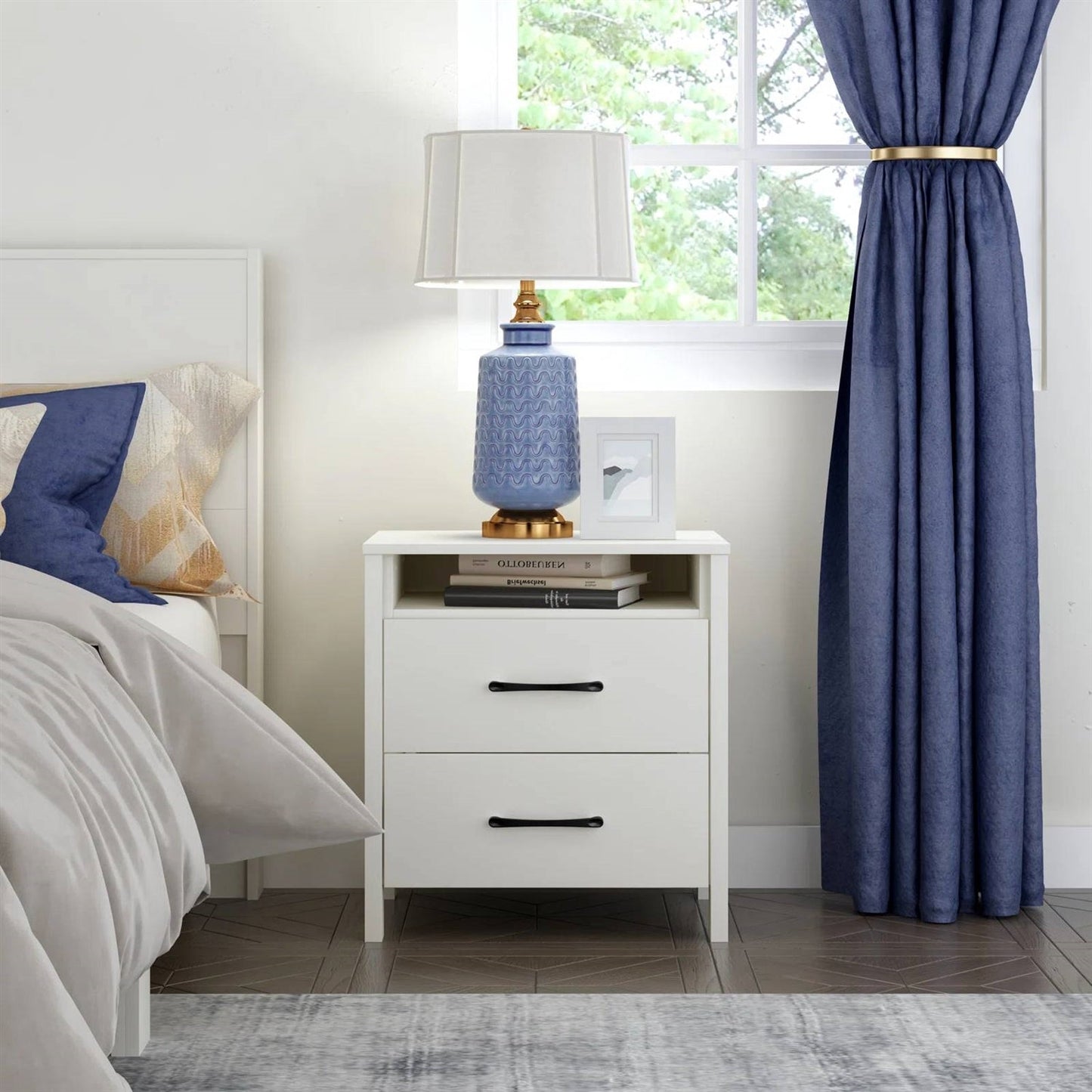 Modern 2-Drawer Nightstand with Open Shelf in Ivory Wood Finish-3