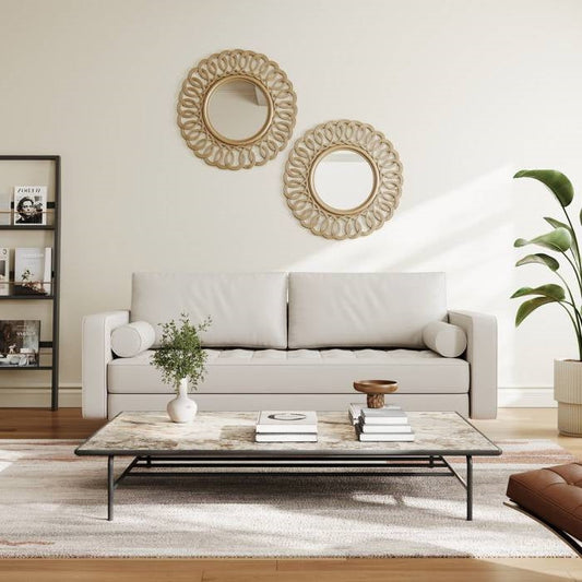 Ivory Upholstered Faux Leather Sofa w/ Pillows Solid Hardwood Legs-0