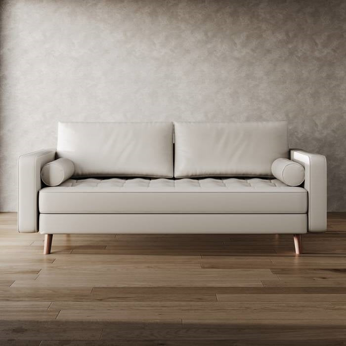 Ivory Upholstered Faux Leather Sofa w/ Pillows Solid Hardwood Legs-1