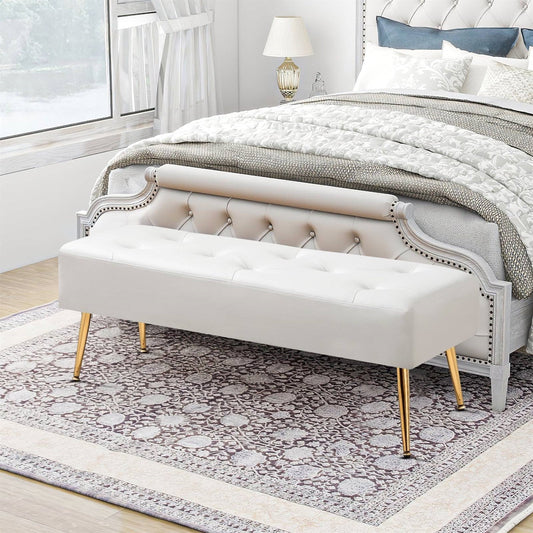 Modern Bed Bench Ottoman with White Ivory PU Leather Seat and Gold Metal Legs-0