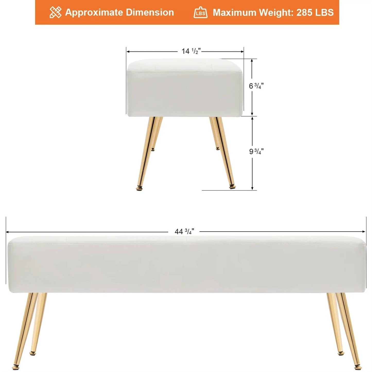 Modern Bed Bench Ottoman with White Ivory PU Leather Seat and Gold Metal Legs-4