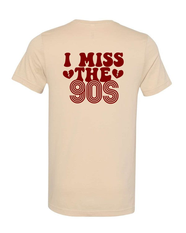 Vintage cream softstyle T-shirt featuring a large red retro "I Miss The 90s" graphic on the back with bold groovy lettering and heart accents.
