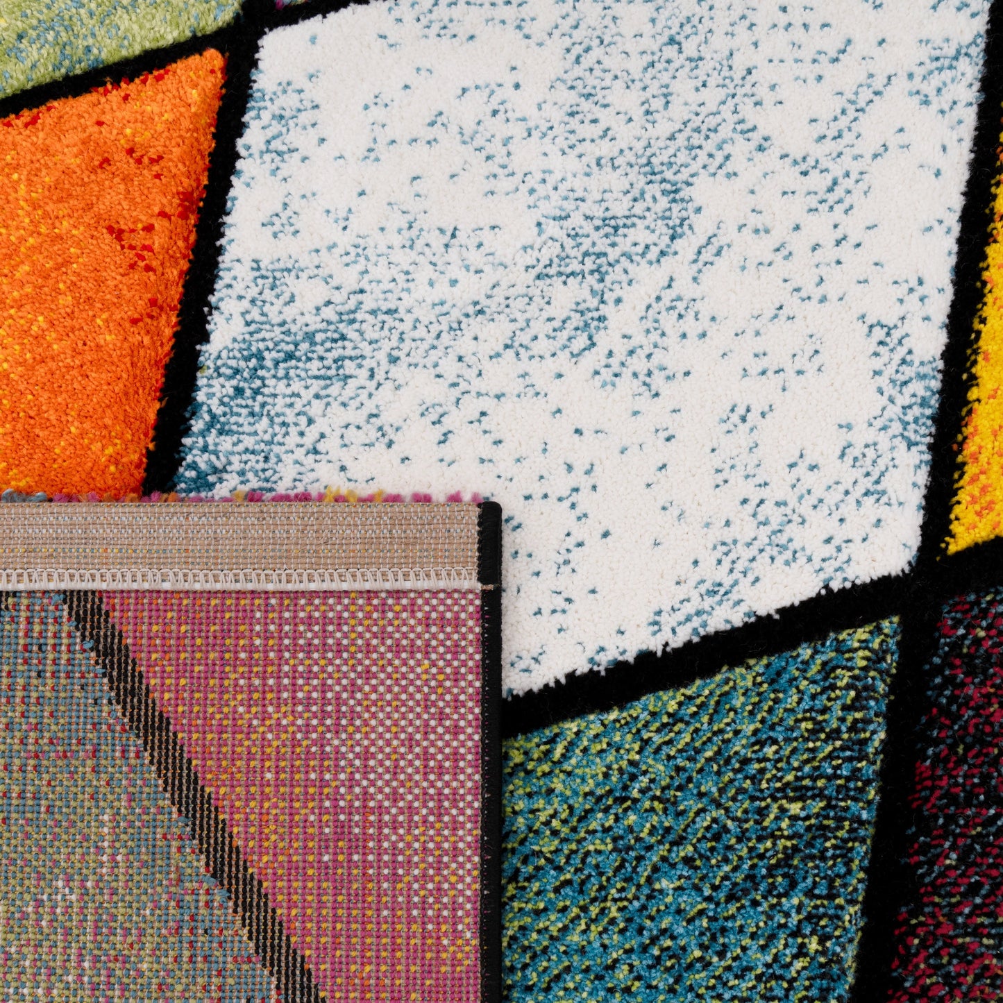 Colorful Area Rug Smaragd Checkered With Multicolor Diamonds-3
