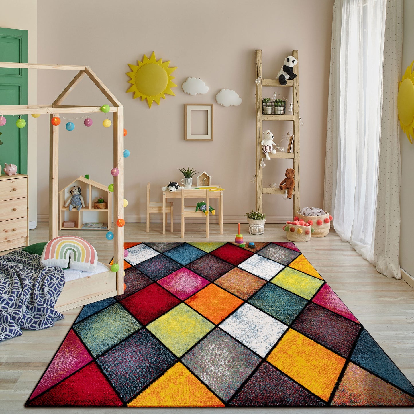 Colorful Area Rug Smaragd Checkered With Multicolor Diamonds-4