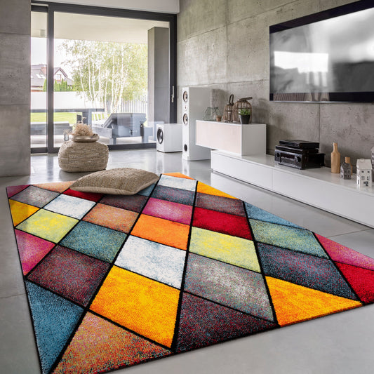 Colorful Area Rug Smaragd Checkered With Multicolor Diamonds-0