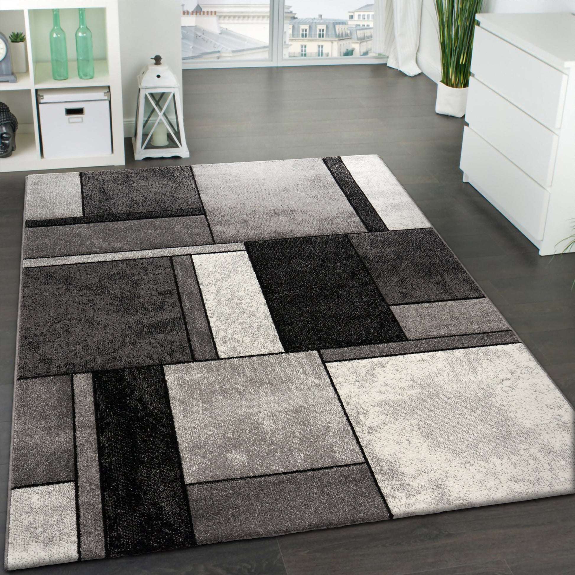 Area Rug Brilliance with Geometric Squares in Black White-0