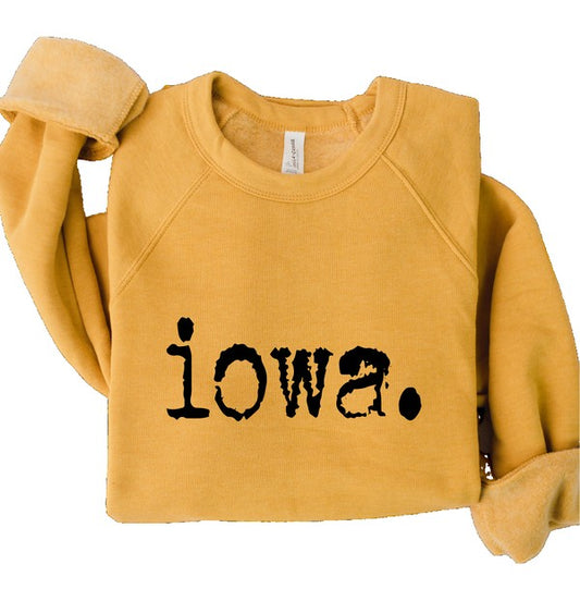 Yellow sweatshirt with 'iowa.' printed on it against a white background Iowa Premium Bella Canvas Sweatshirt Size S-XL