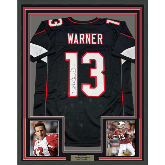 Framed Autographed/Signed Kurt Warner 35x39 Arizona Black Football Jersey Beckett BAS COA
