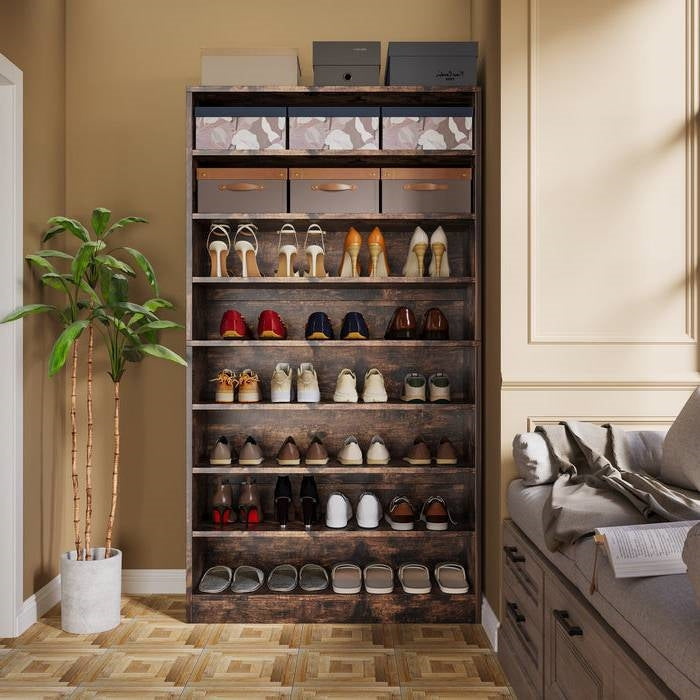 8-Shelf Shoe Rack for Closet Storage Shelving Unit in Rustic Brown Wood Finish-1