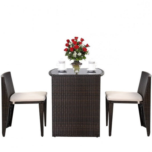 3 Piece Compact Espresso/White Wicker Patio Cushioned Outdoor Chair Table Set-0