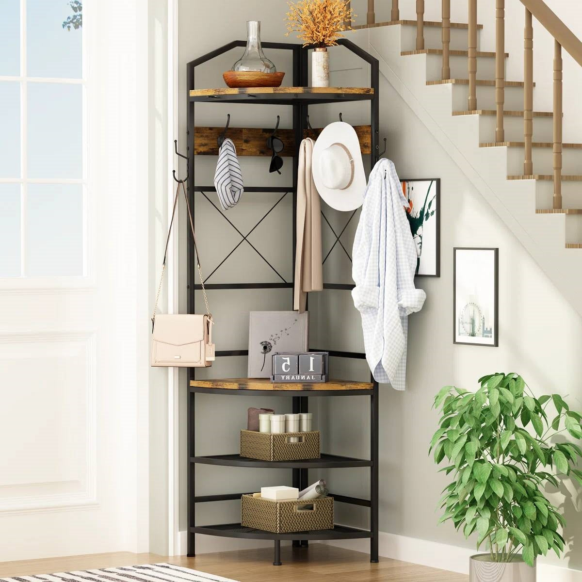 Industrial Metal/Wood Corner Hall Tree Shoe Storage Bench Coat Rack-2