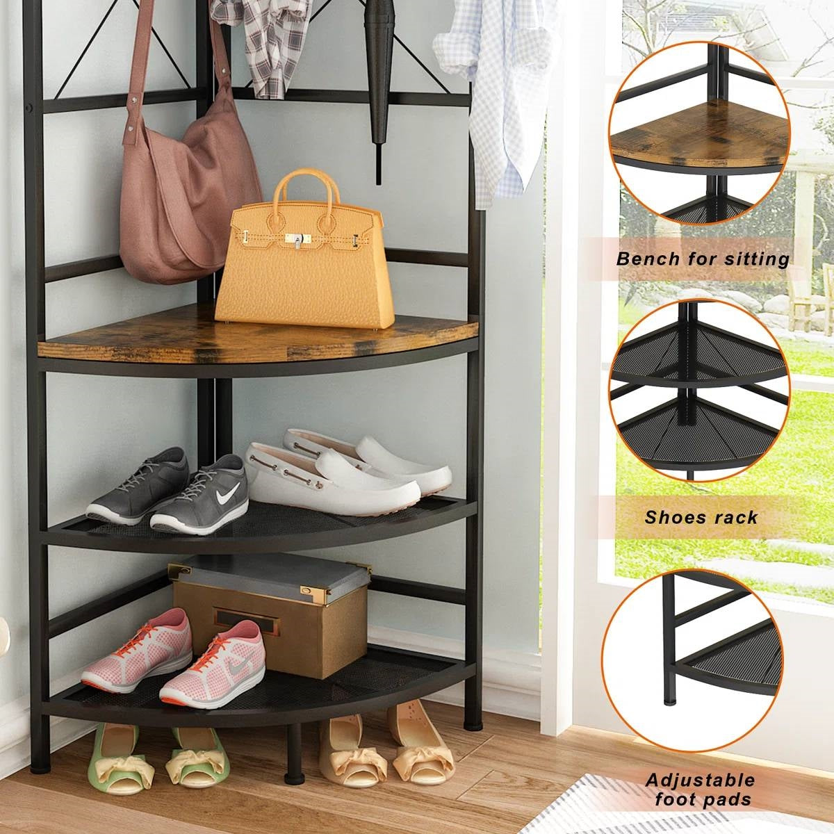 Industrial Metal/Wood Corner Hall Tree Shoe Storage Bench Coat Rack-3