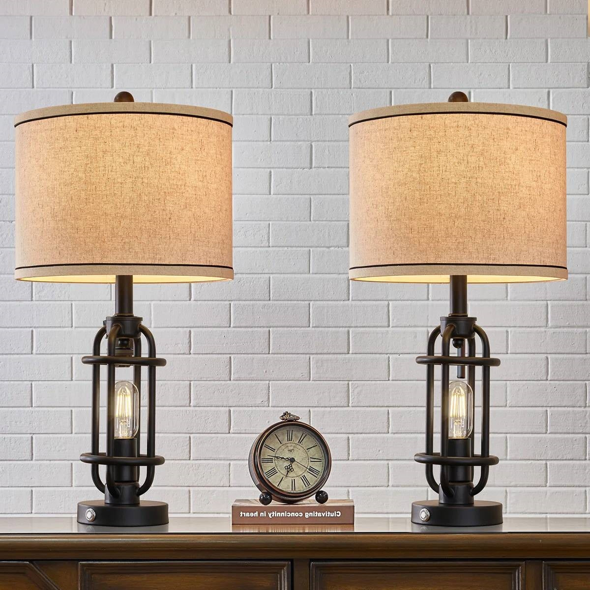 Set of 2 - Farmhouse Dimmable Touch USB Table Lamp with Beige Linen Drum Shade-1
