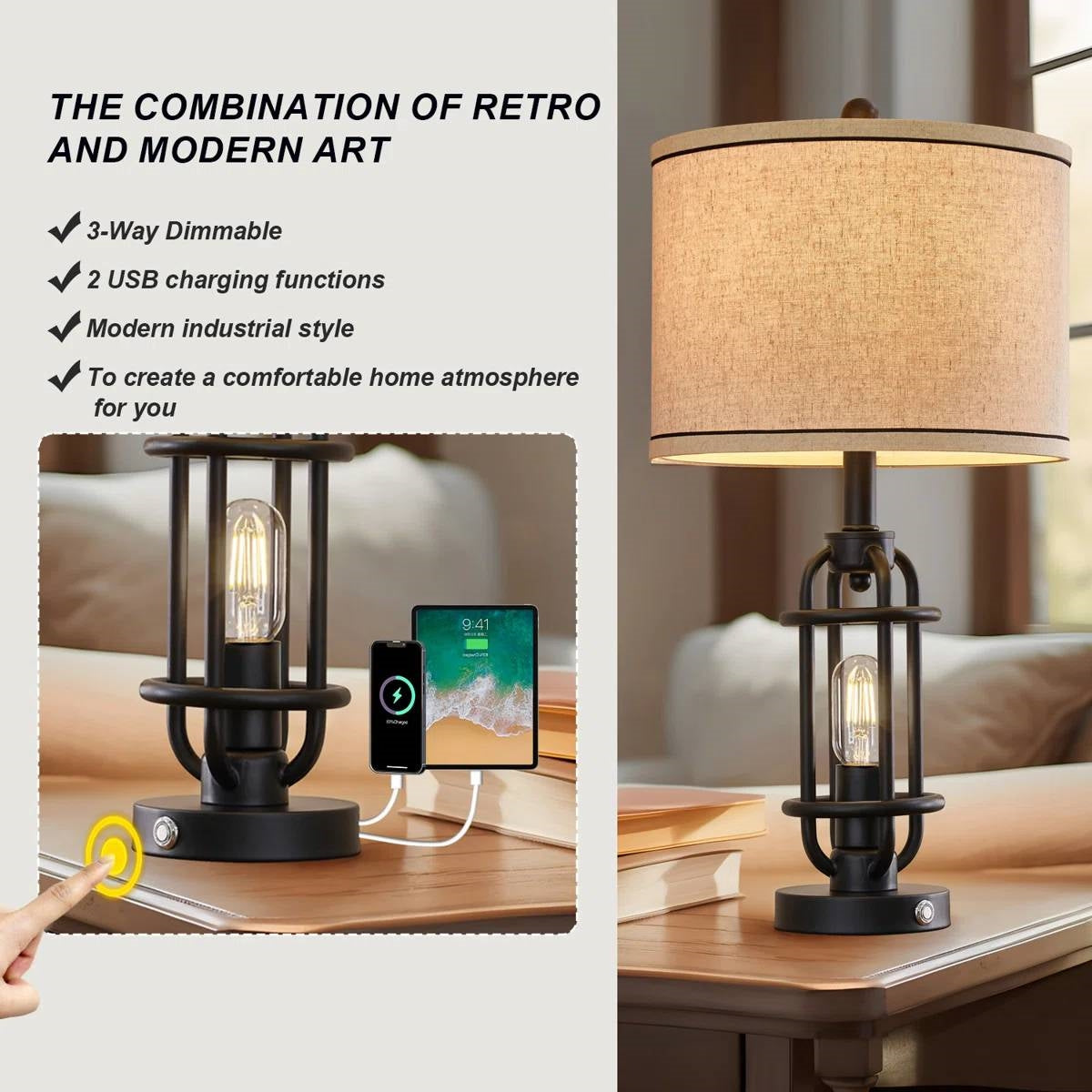 Set of 2 - Farmhouse Dimmable Touch USB Table Lamp with Beige Linen Drum Shade-3