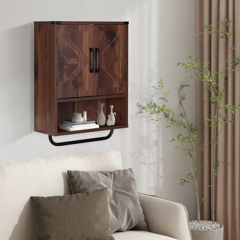 Farmhouse Bathroom Wall Cabinet with Towel Bar in Brown Wood Finish-2