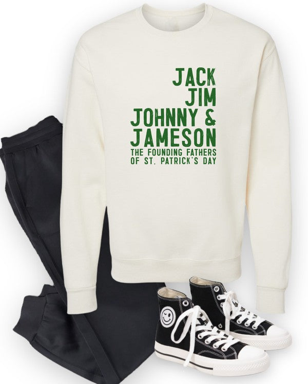 White St. Patrick's Day graphic sweatshirt featuring green "Jack Jim Johnny & Jameson – The Founding Fathers of St. Patrick's Day" design, styled in a flat lay with black joggers and black high-top sneakers.