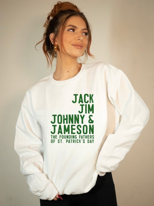 Woman wearing a white sweatshirt with green text on a beige background