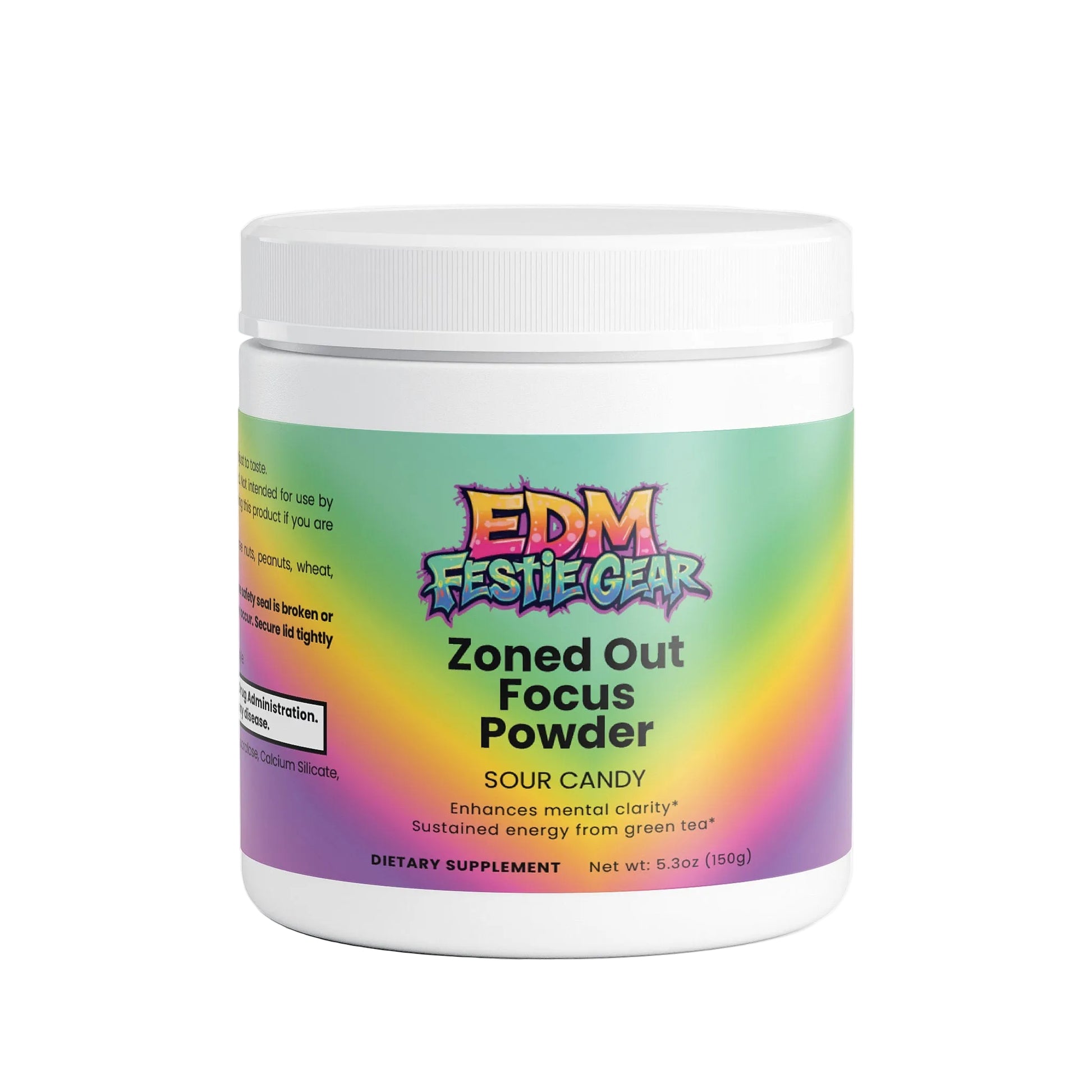Jar of 'Zoned Out Focus Powder' by EDM Festie Gear with colorful label on a white background