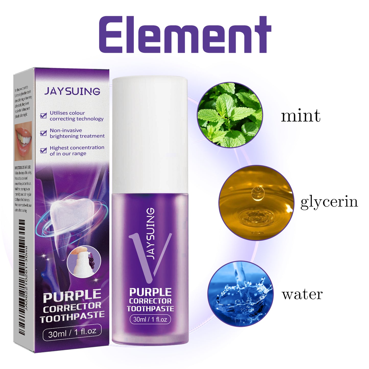 Jaysuing Purple Corrector Toothpaste 30 mL bottle with matching retail box, featuring V34 purple color-correcting formula for brighter-looking teeth, stain-neutralizing technology, fresh mint flavor, and oral care ingredients including mint, glycerin, and water.