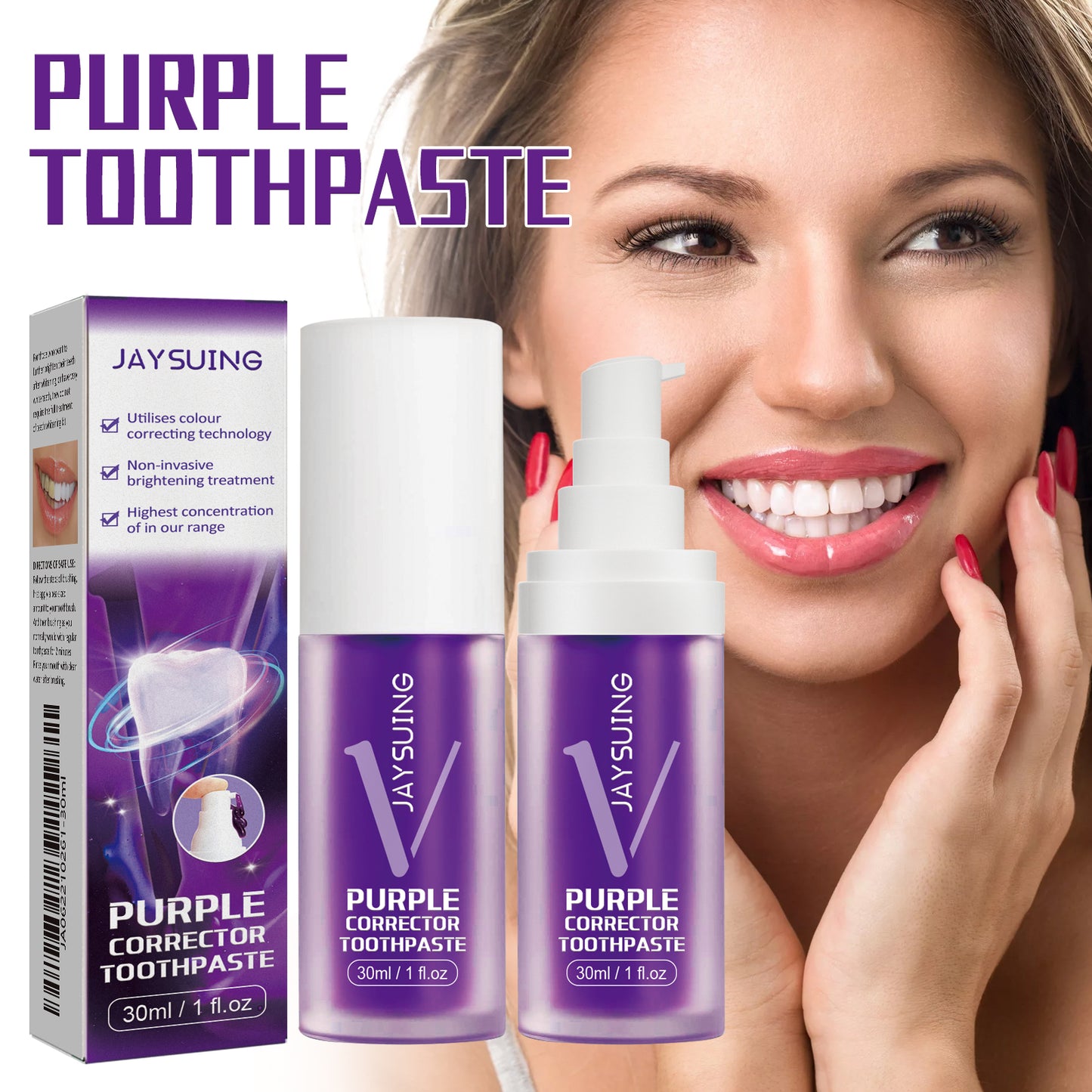 Jaysuing Purple Corrector Toothpaste – Purple Teeth Whitening Toothpaste for Yellow Teeth, Stain Removal, Fresh Breath & Color Correcting Formula, 30 mL (1 fl oz)