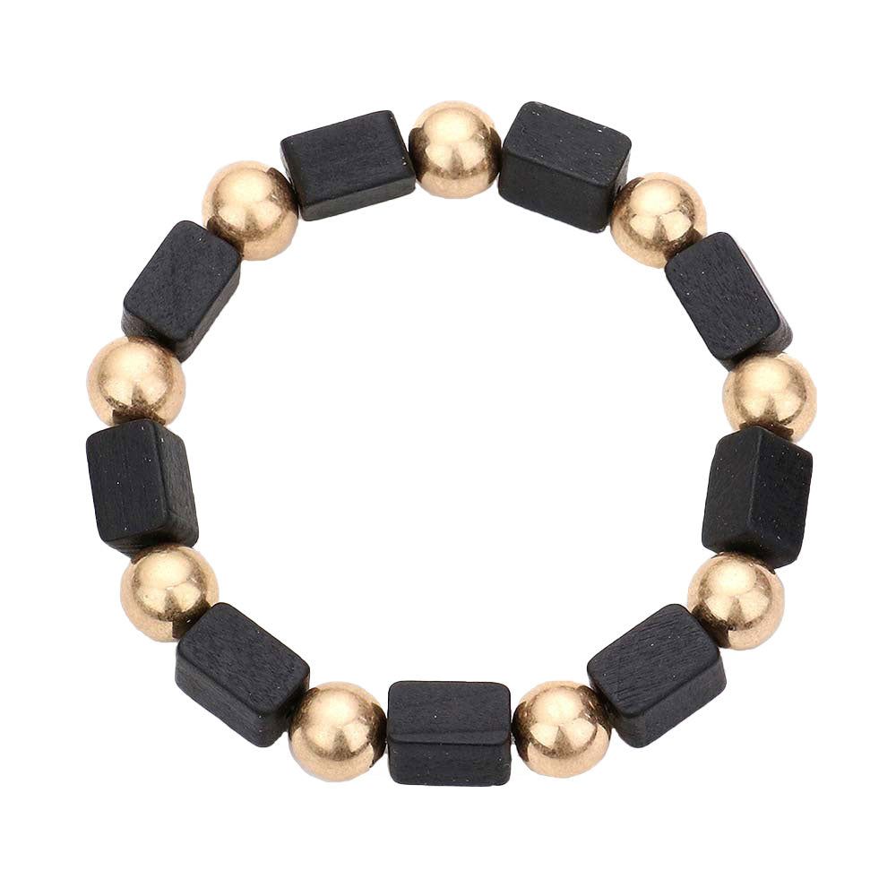 Cube Wood Metal Ball Stretch Bracelet