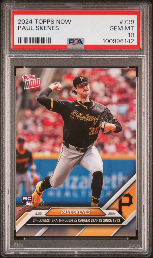 Graded 2024 Topps Now Paul Skenes #739 2nd Lowest ERA Through 22 Career Starts Since 1913 Rookie RC Baseball Card PSA 10 Gem Mint