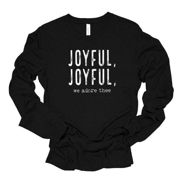 Black long-sleeve shirt with 'Joyful, Joyful, we adore thee' text on a white background