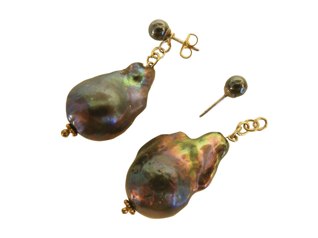 Jumbo Baroque Chinese Freshwater Greyish Blackish Pearl Earrings-One of a kind-007-6